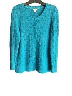 L.L.Bean Petite Blue Pointelle Knit Button Up Cardigan Sweater Cotton Merino Ble